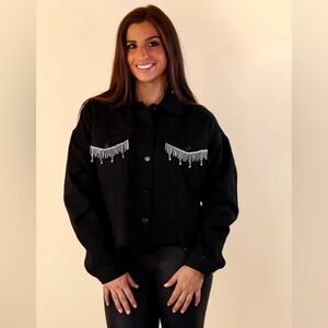 Savanna Jane Crystal Fringe Cropped Black Denim Jacket